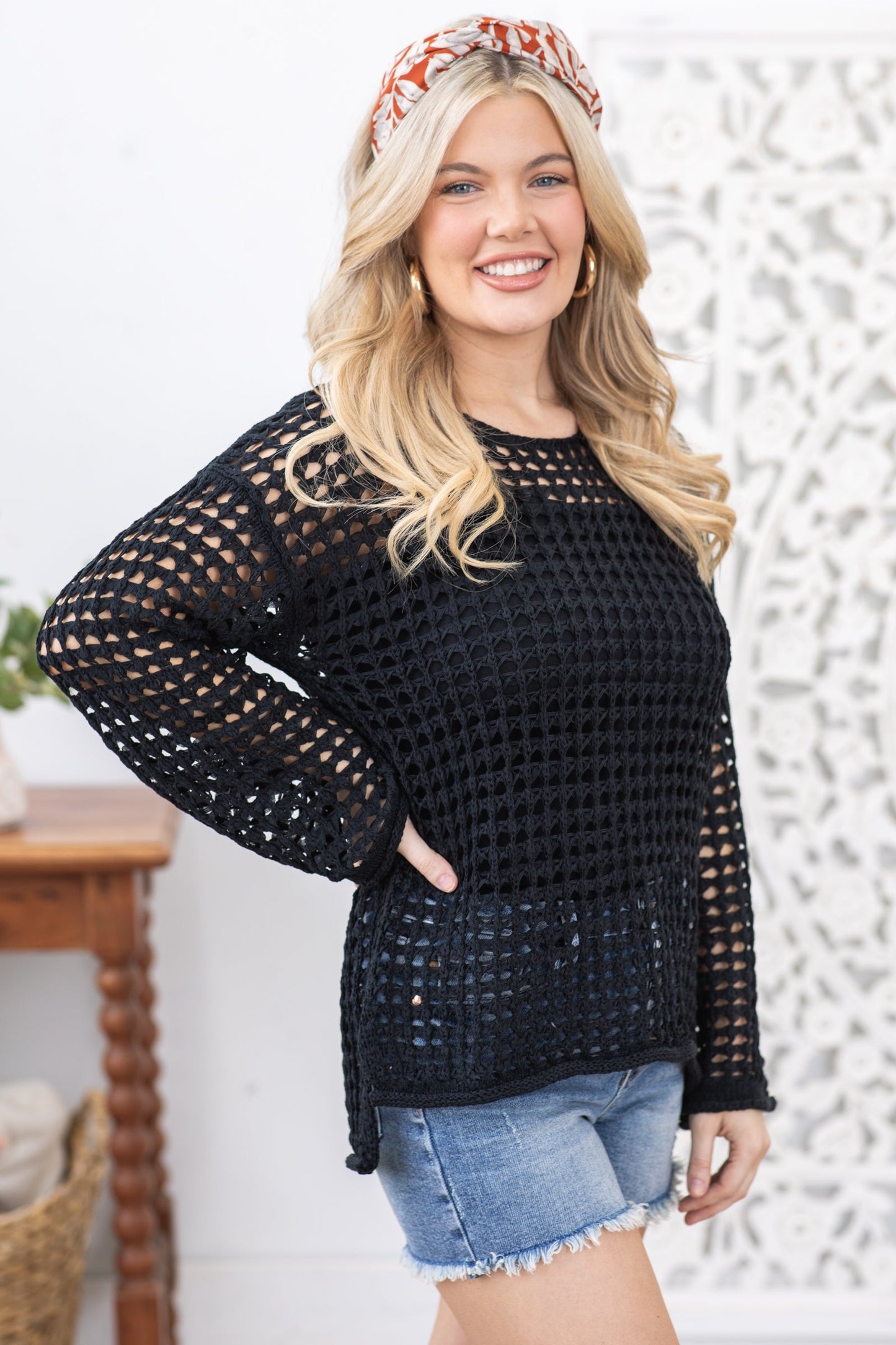 Black Drop Shoulder Crochet Knit Top