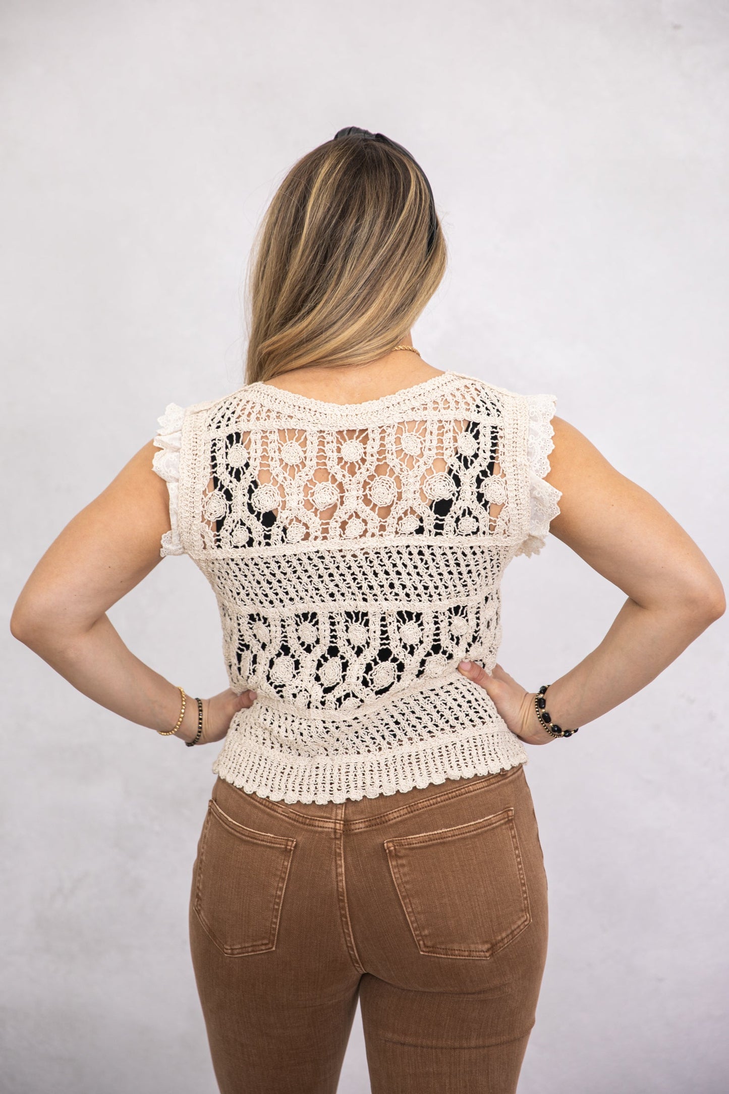 Beige Eyelet Ruffled Shoulder Crochet Knit Top