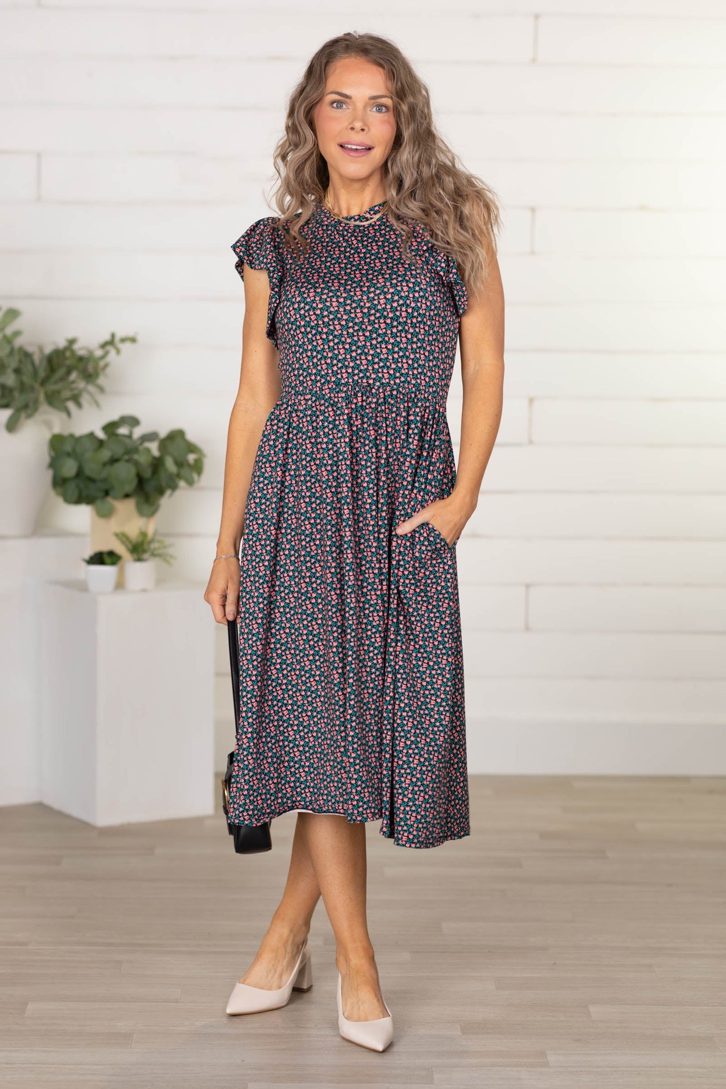 Black Floral Knit Dress With Ruffles