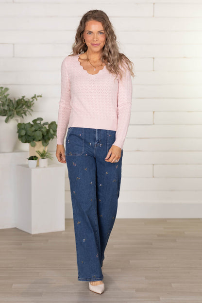 Blush Pointelle Pullover Sweater With Scallop V-Neck