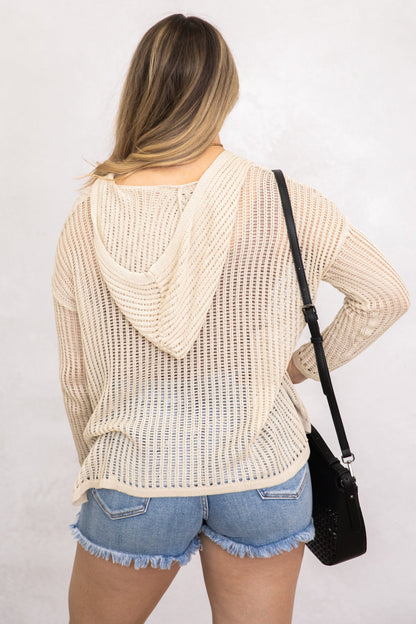 Beige Lightweight Crochet Hoodie Tunic Top