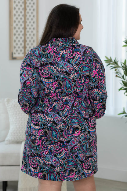 Black Paisley 3/4 Length Sleeve Collared Dress with Button Detail