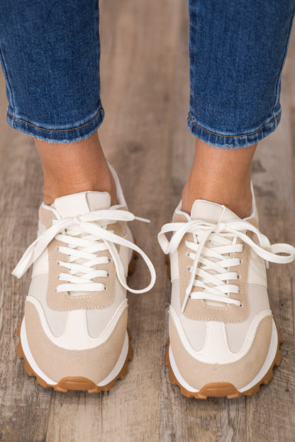 Beige With Tan Platform Sole Sneaker
