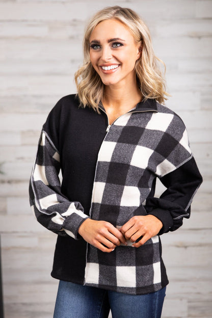Black and Ivory Buffalo Plaid Mock Neck Top