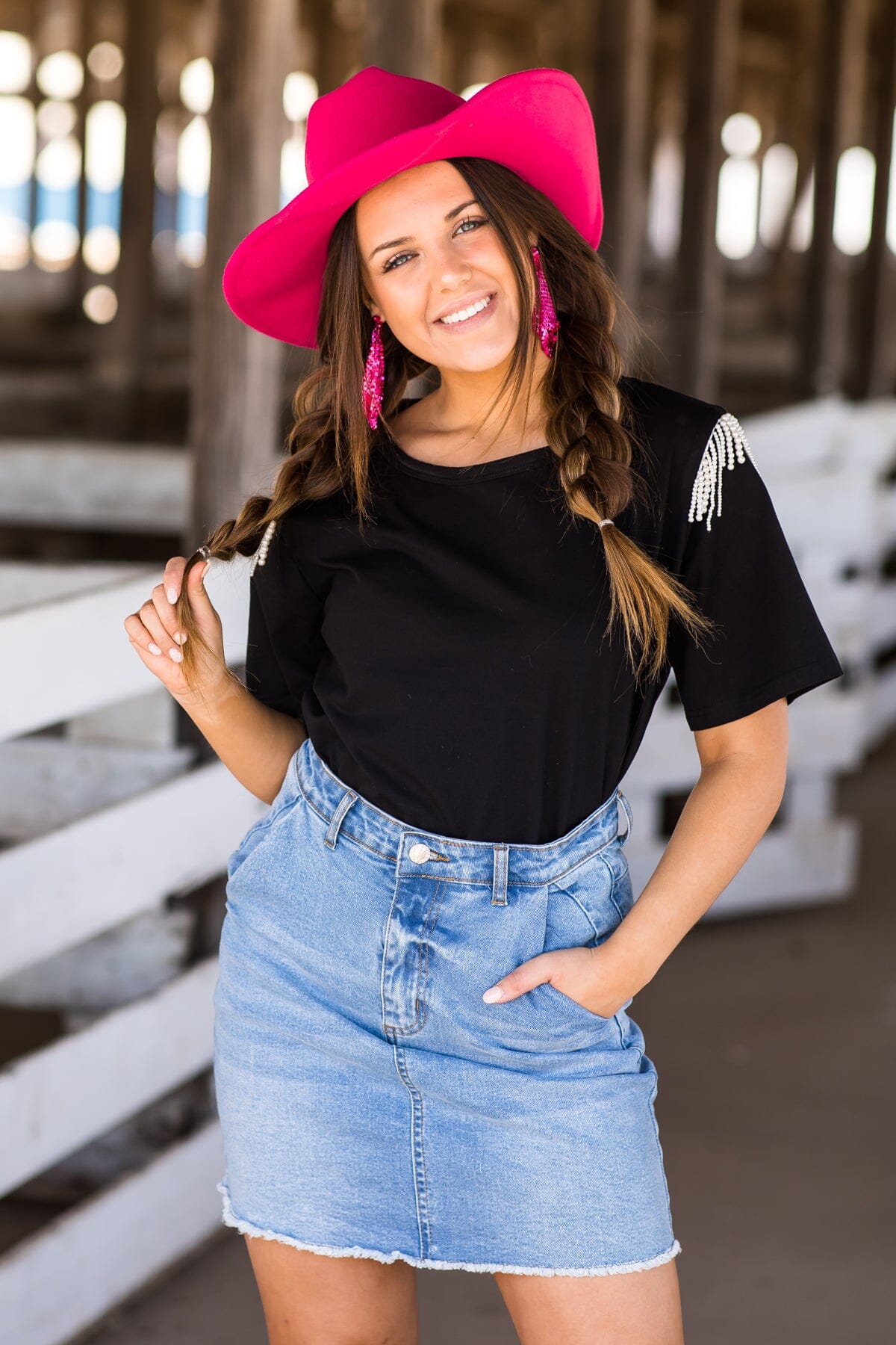 Black Short Sleeve Top With Beaded Fringe