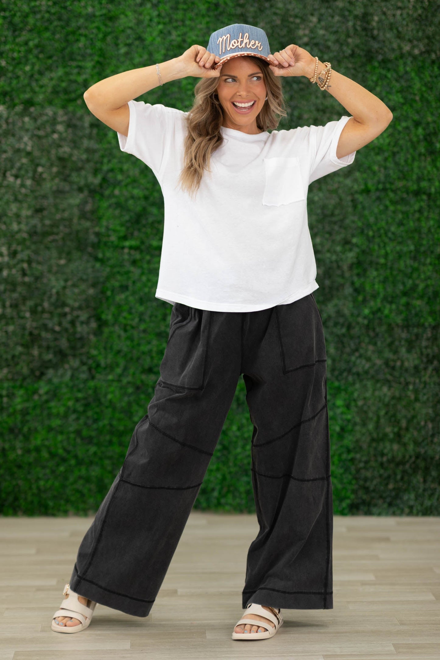 Black Mineral Washed Wide Leg French Terry Pants