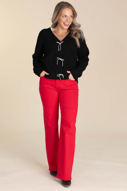 Black V-Neck Long Sleeve Knit Top Front Tie