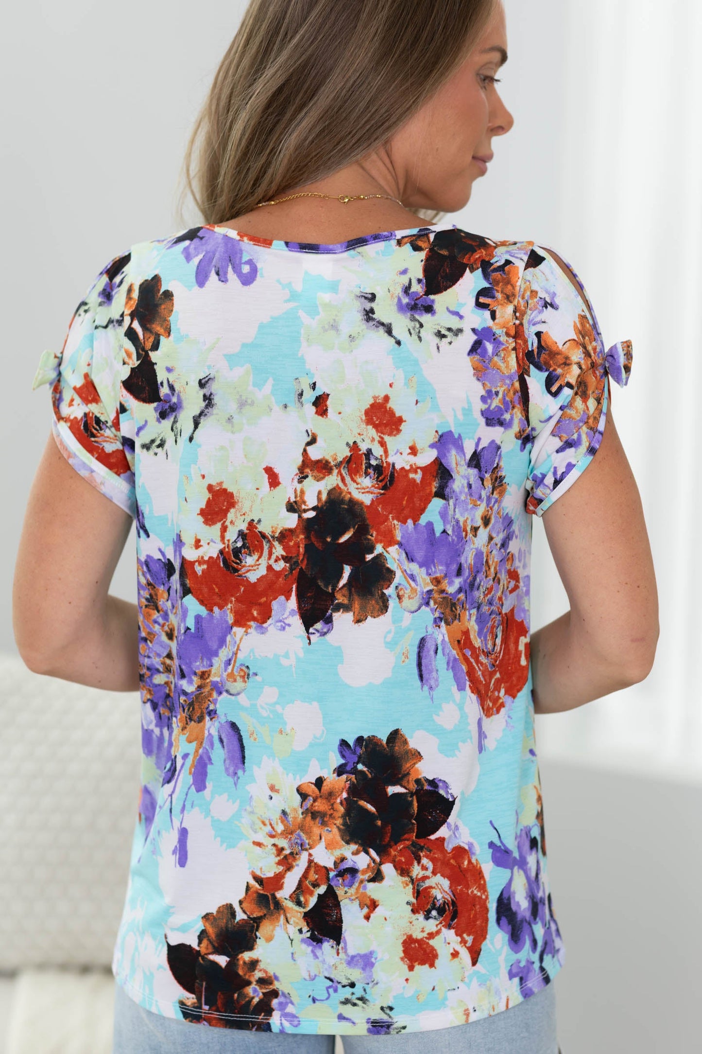 Aqua and Purple Floral Patterned Short Sleeve Top