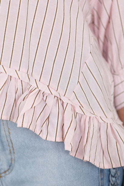 Baby Pink Elbow Sleeve Stripe Button Up Top