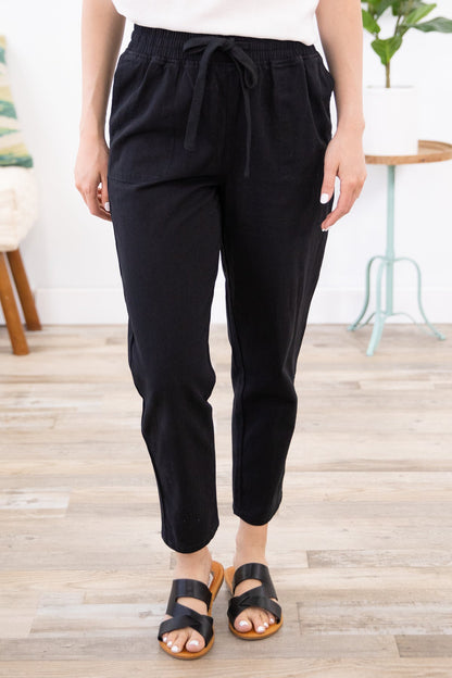 Black Elastic Waist Straight Leg Twill Pants
