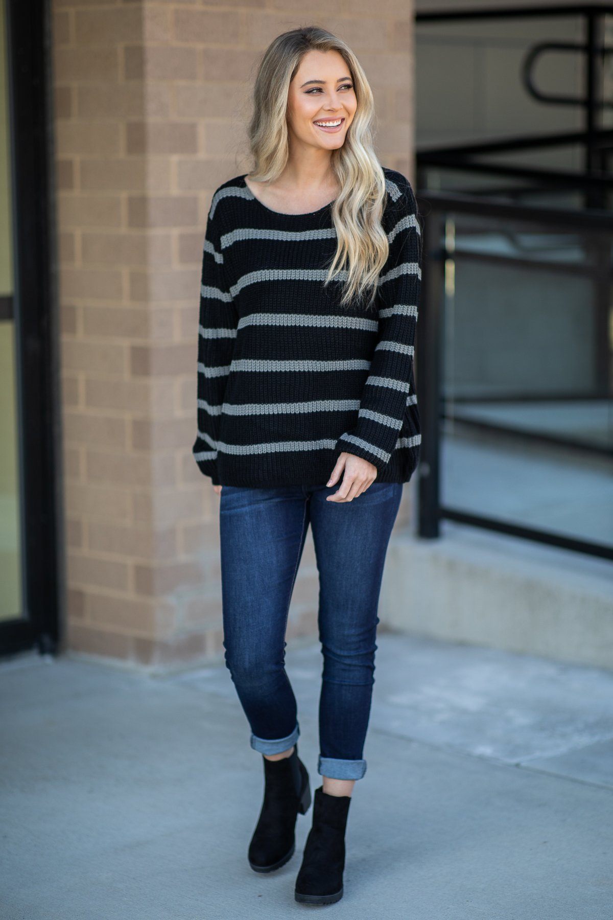 Black and Grey Striped Long Sleeve Sweater
