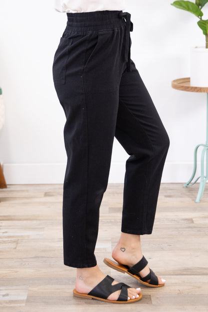 Black Elastic Waist Straight Leg Twill Pants