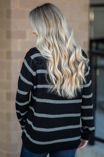 Black and Grey Striped Long Sleeve Sweater