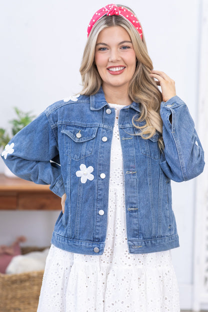 Blue With White Flower Patches Denim Jacket