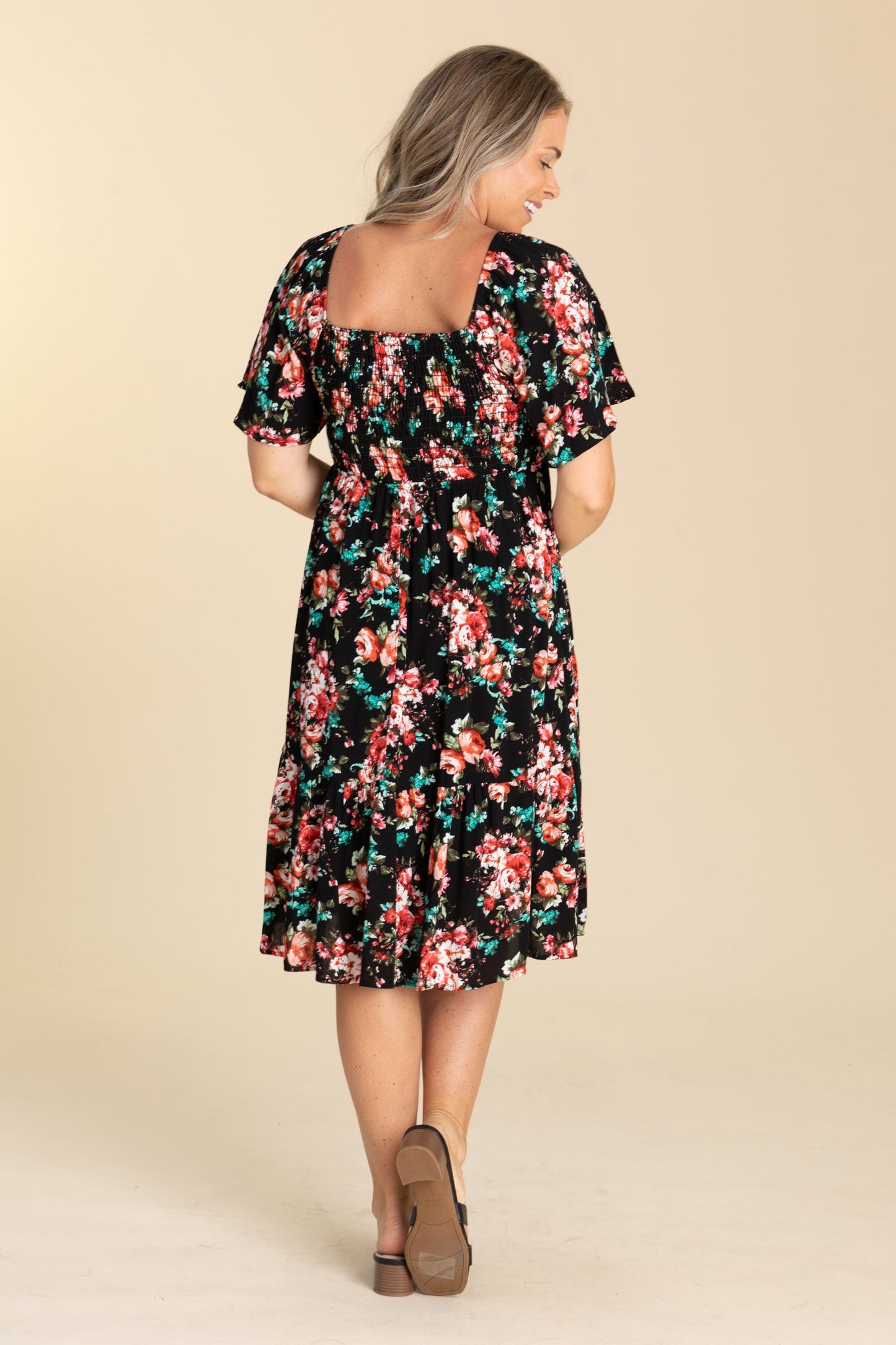 Black Floral Smocked Dress
