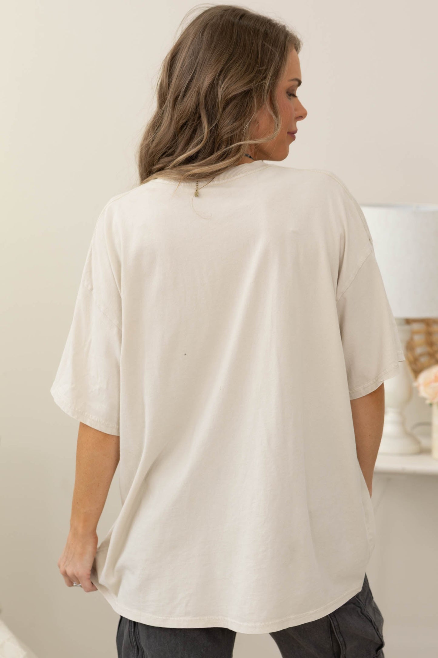 Beige Peace Sign Oversized Knit Short Sleeve Top