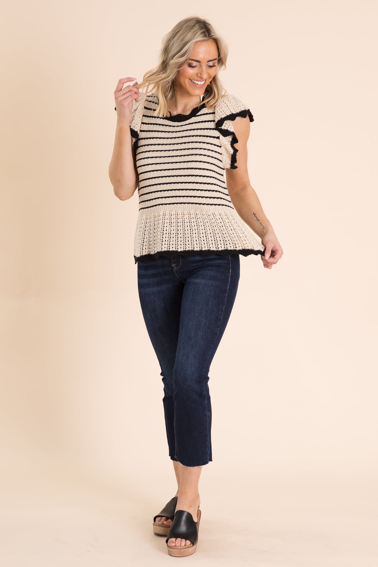 Beige Striped Ruffle Sleeve Knit Sweater Top