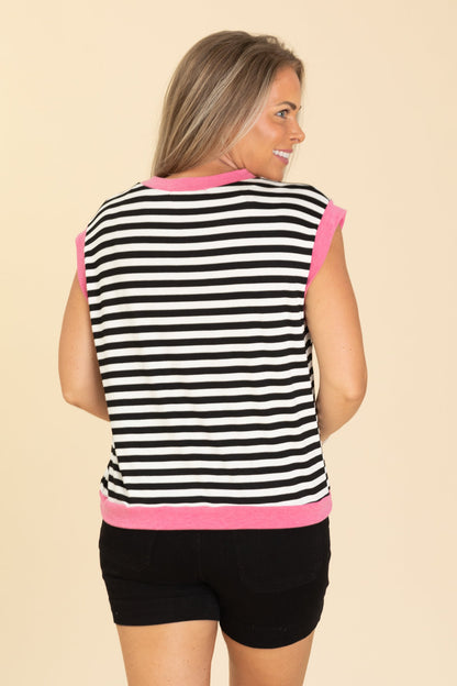 Black Stripe Knit Top With Pink Trim