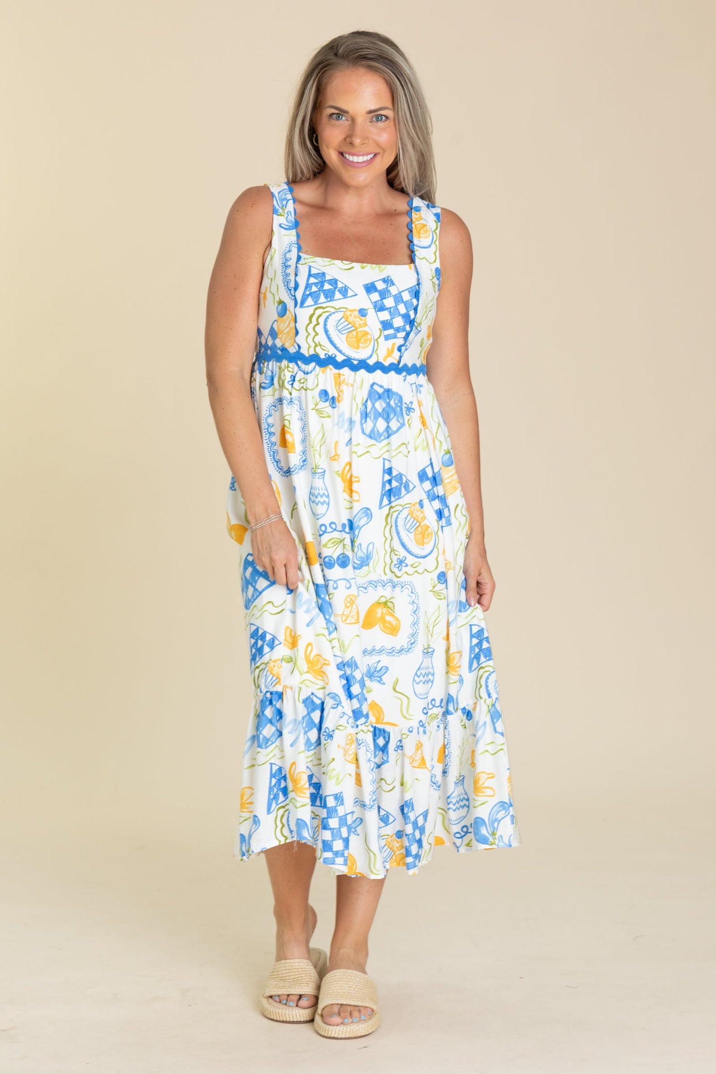 Blue Lemon Print Scallop Trim Midi Dress