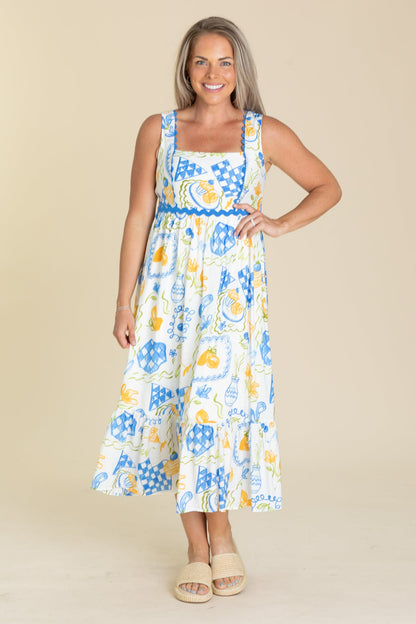 Blue Lemon Print Scallop Trim Midi Dress
