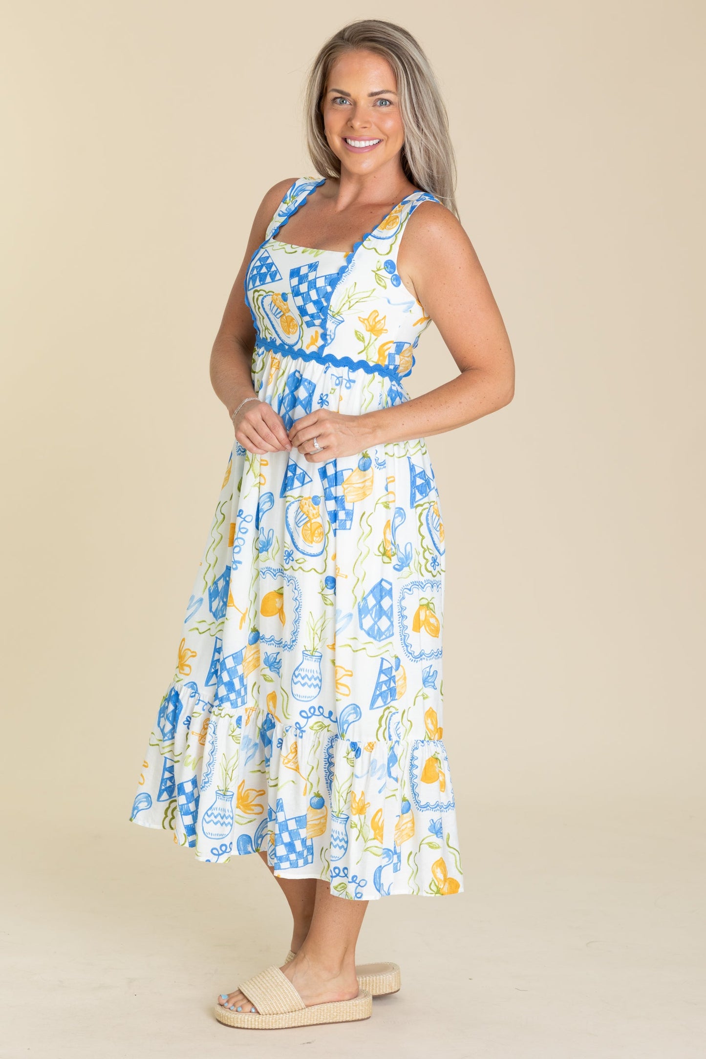 Blue Lemon Print Scallop Trim Midi Dress