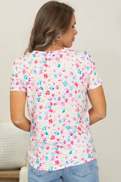 Basic Floral Printed Short Sleeve Knit Top
