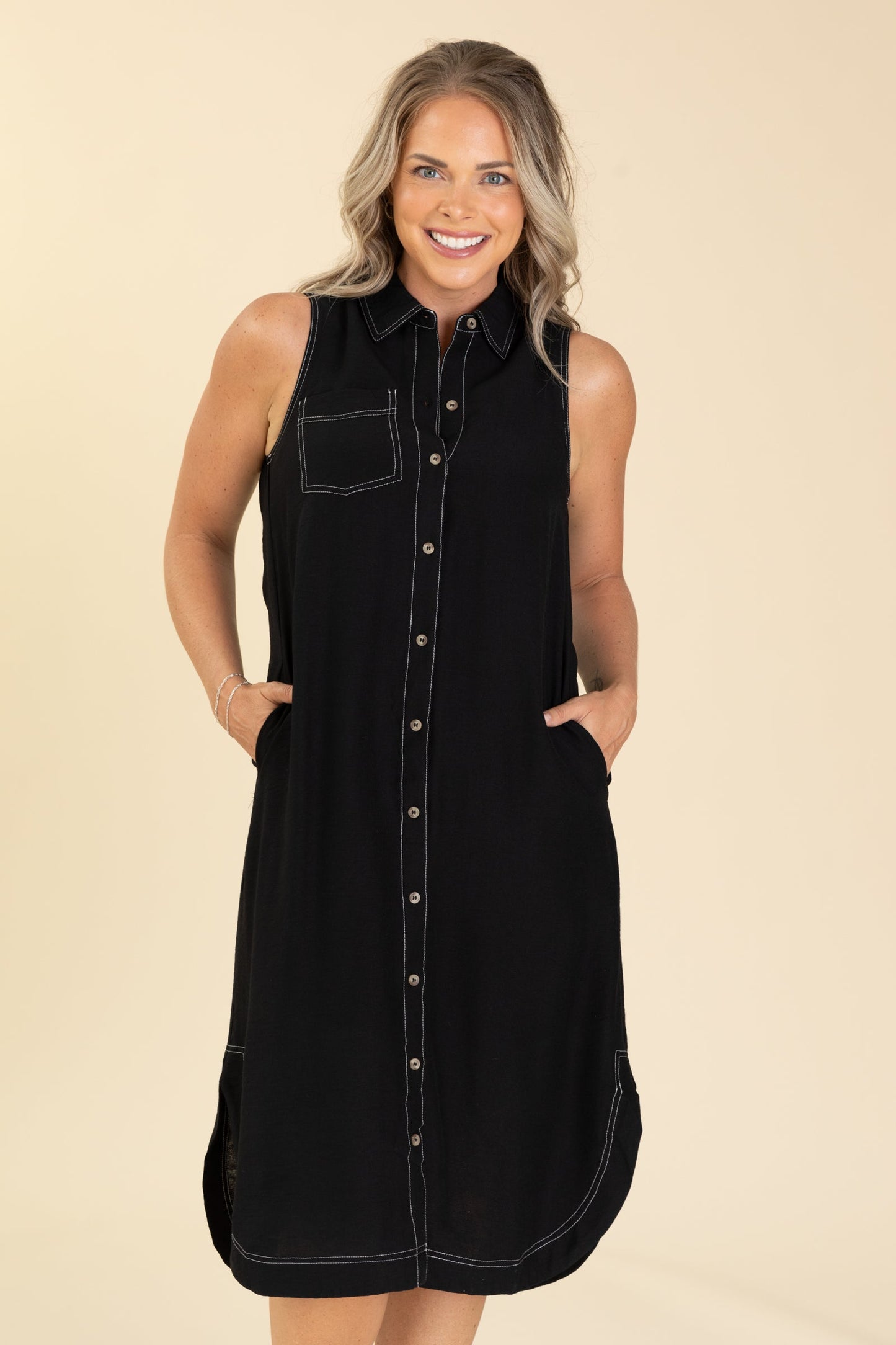 Black Button Up Midi Dress With White Stitch