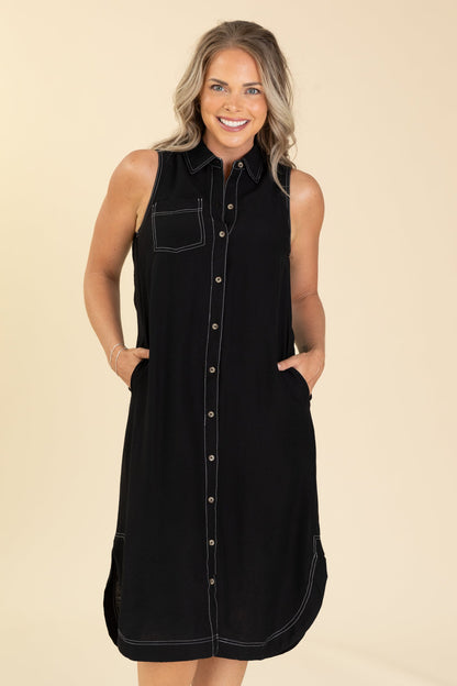 Black Button Up Midi Dress With White Stitch