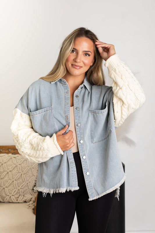 Blue Denim Jacket With Sweater Sleeves