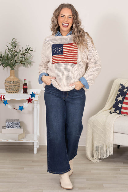 Beige American Flag Crochet Sweater