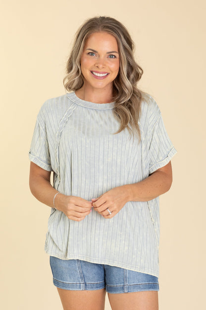 Acid Washed Ribbed Boatneck Knit Tops
