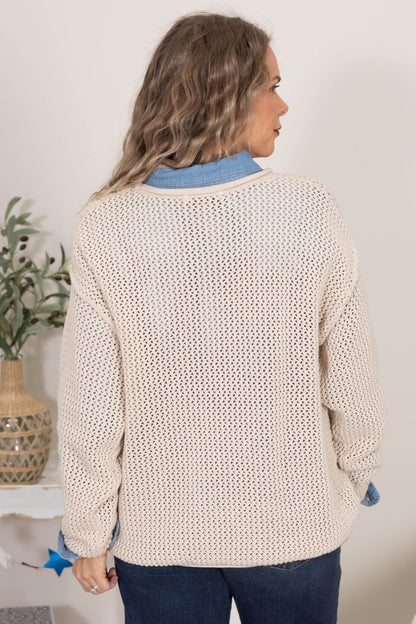 Beige American Flag Crochet Sweater