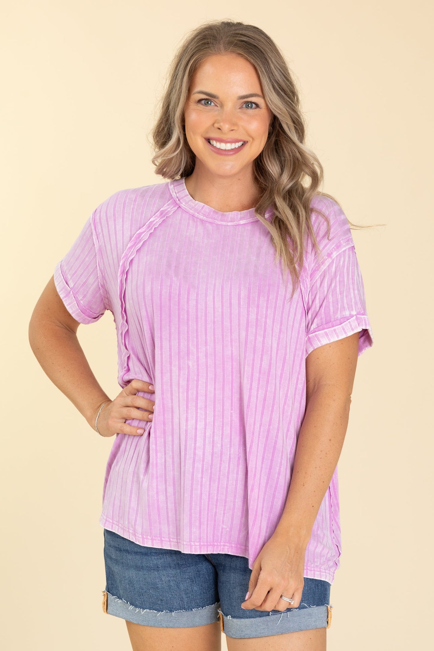 Acid Washed Ribbed Boatneck Knit Tops