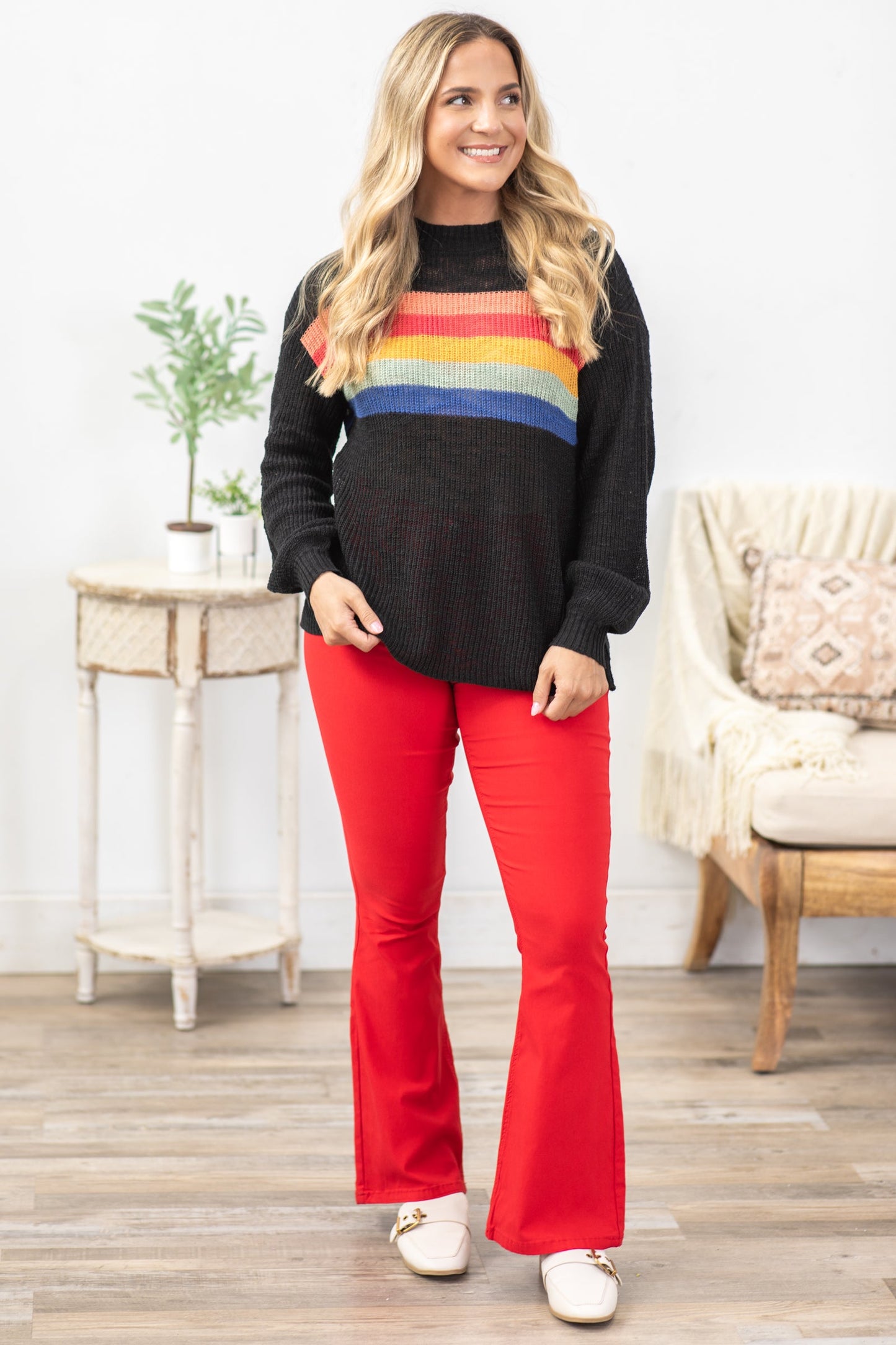 Black and Rainbow Stripe Sweater Knit Top