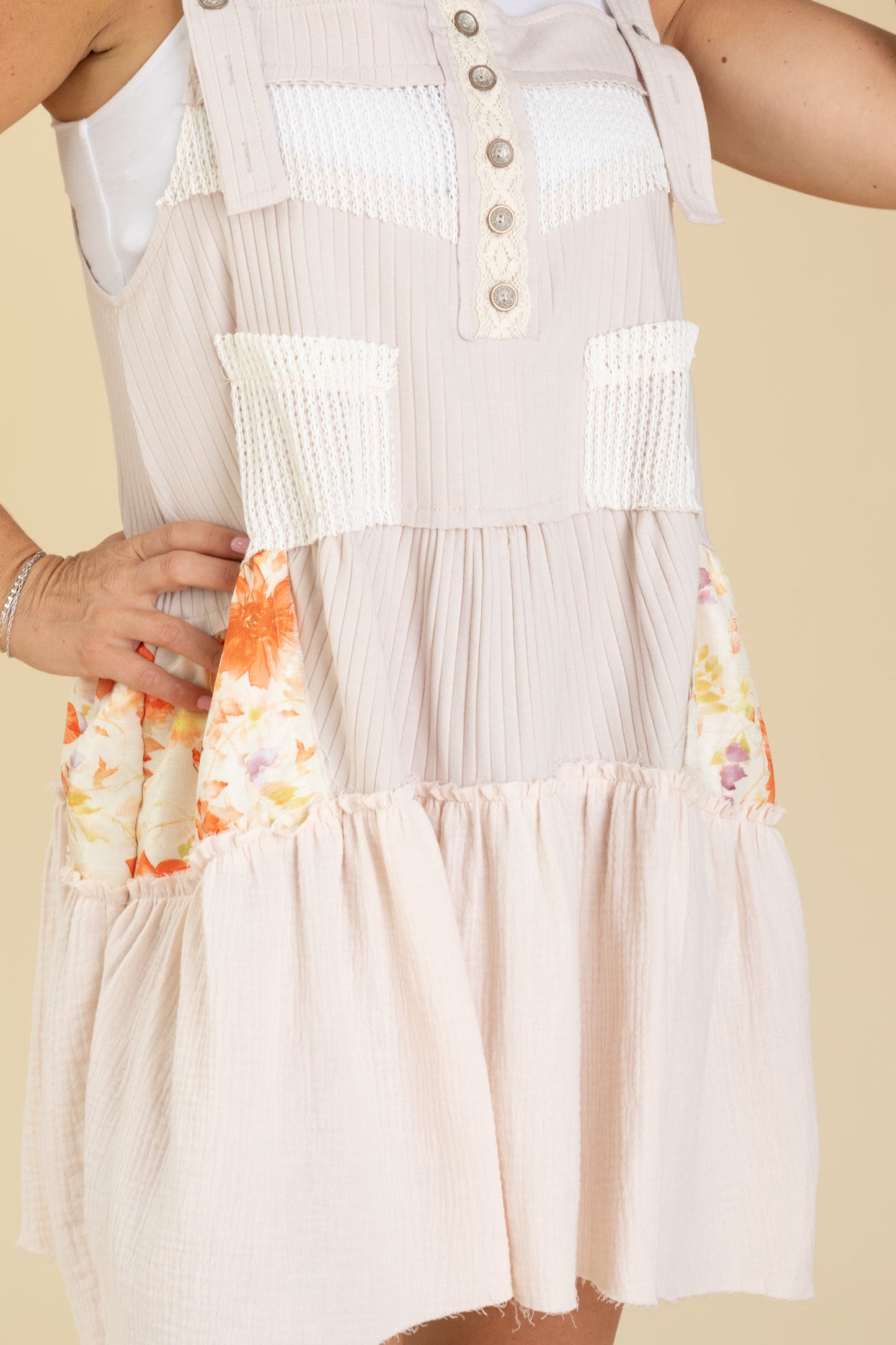 Beige Solid Pattern Raw Edge Overall Dress