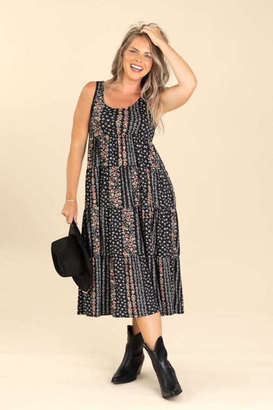 Black Tiered Midi Boho Print Dress