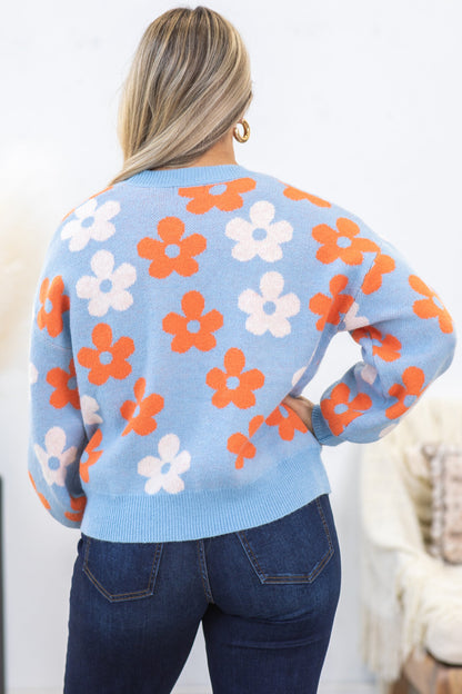 Baby Blue Crewneck Floral Intarsia Sweater