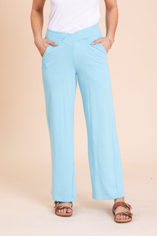Baby Blue Ribbed Waistband Wide Leg Pants
