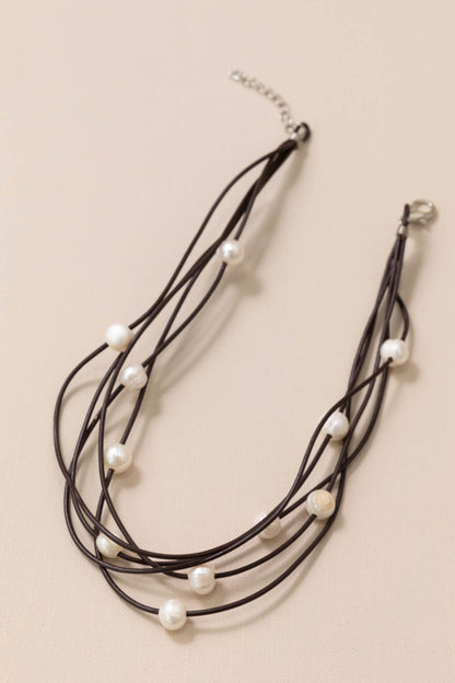 5 Strand Leather Necklace With Pearl Beads