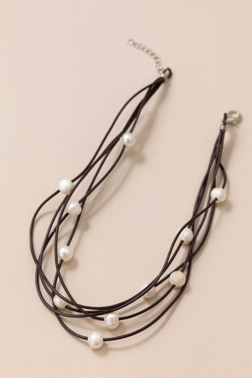 5 Strand Leather Necklace With Pearl Beads