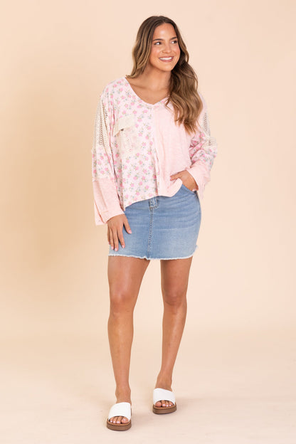 Baby Pink Contrast Floral V-Neck Knit Top