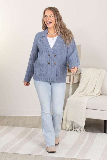 Blue Double Breast Button Cable Sweater Cardigan