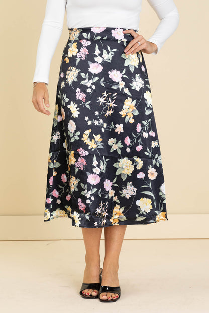Black Floral Print Midi Elastic Waist Skirt
