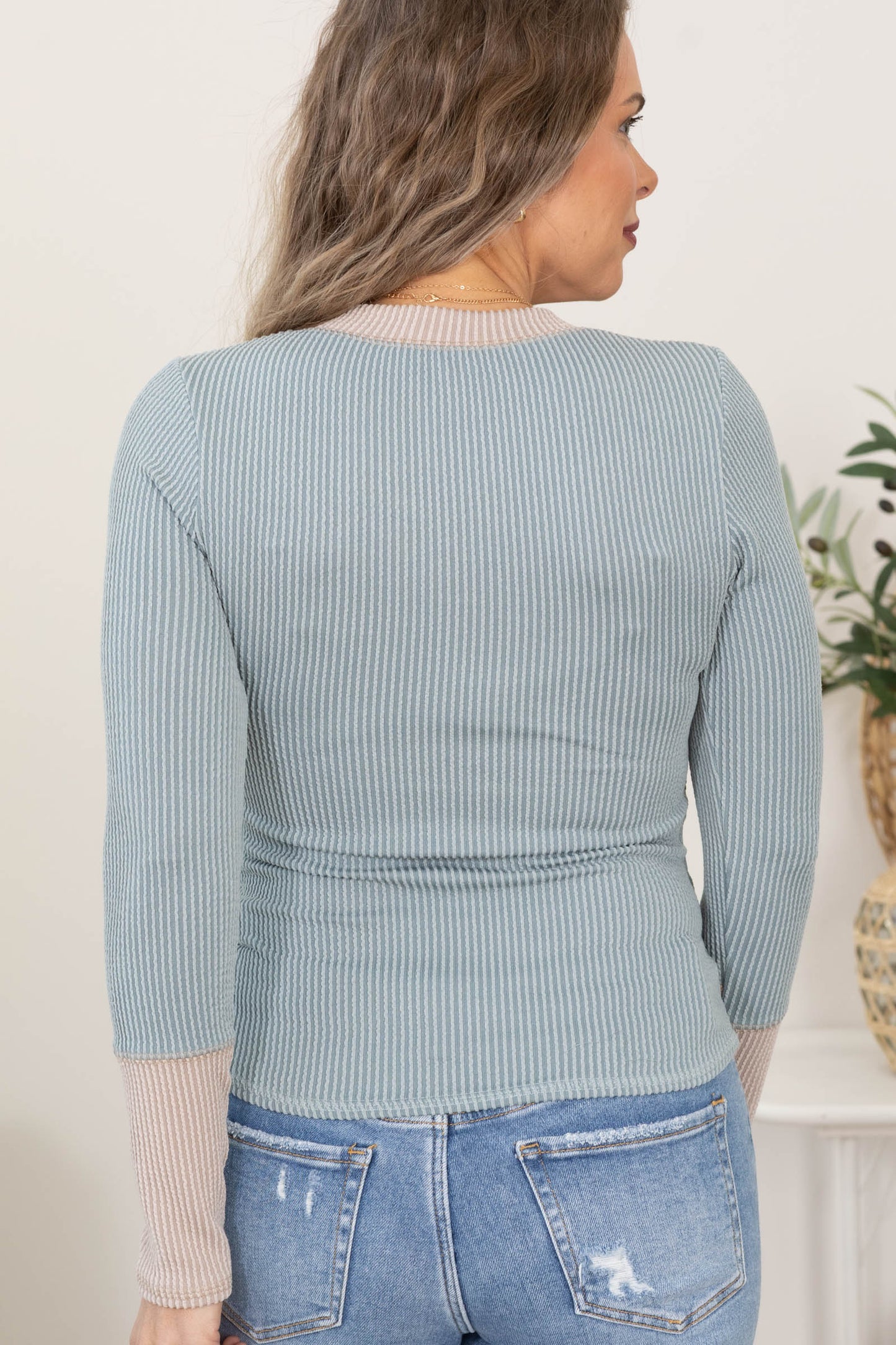 Blue and Oatmeal Ribbed Long Sleeve Knit Top