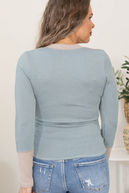 Blue and Oatmeal Ribbed Long Sleeve Knit Top