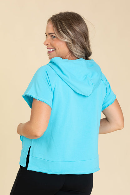 Baby Blue Hoodie Drawstring Short Sleeve Top