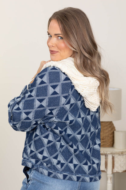 Blue Vintage Geometric Pattern Denim Jacket