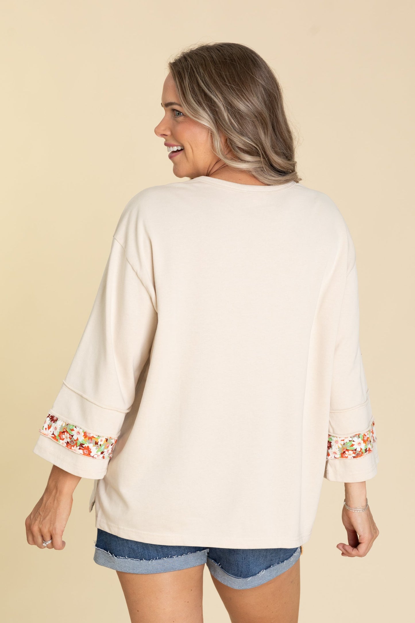 Beige Flower Patch Front Terry Knit Top