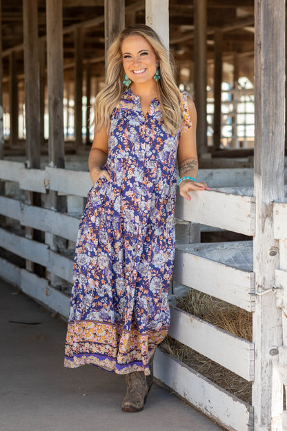 Blueberry Flower Print Woven Maxi Dress