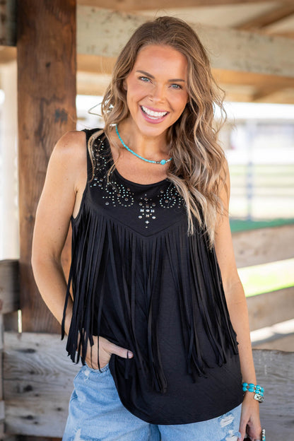 Black Fringe Detail With Studs Tank Top